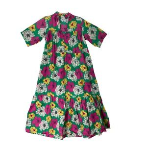 Chico Soleil Floral Cotton Maxi Dress Green Multicolor V-Neck Ruffle (Size S)